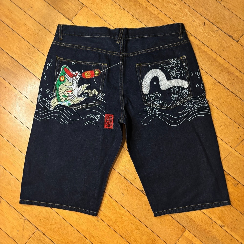 Evisu Y2K Baggy Denim Shorts Men 40 Seagull Koi Fish Wave Embroidered Jorts